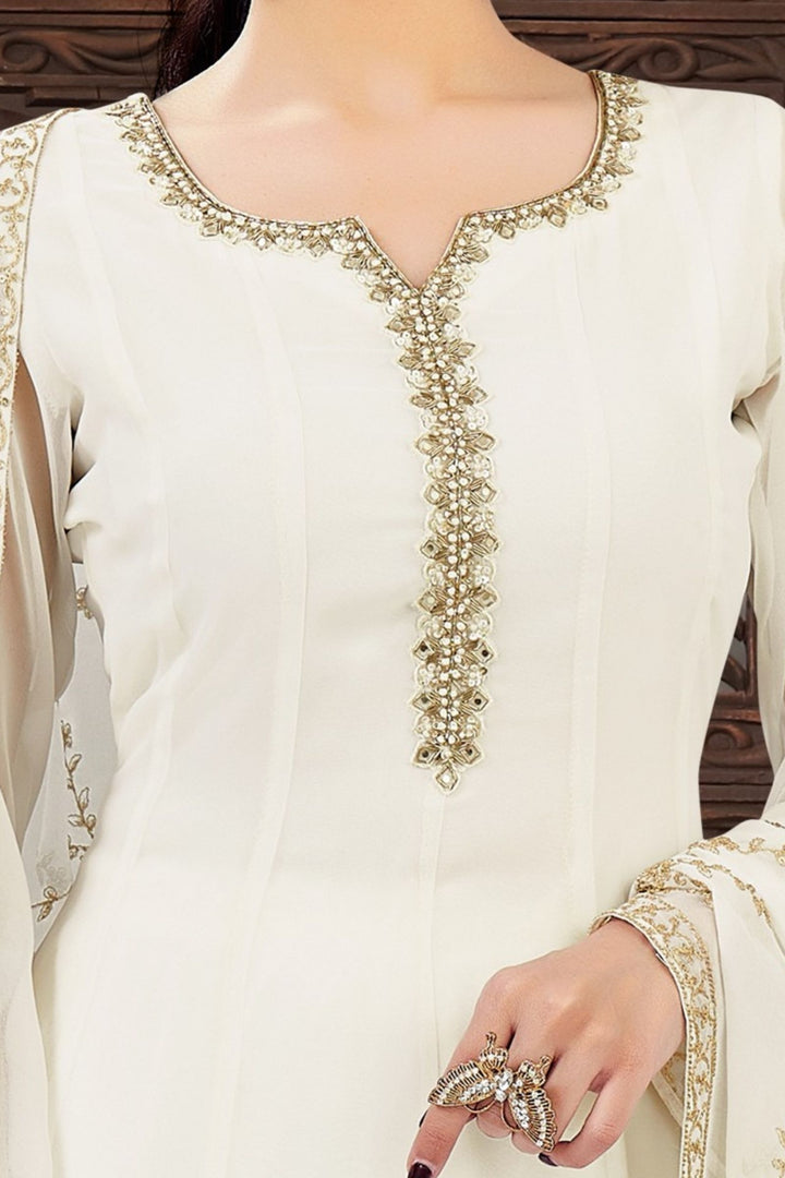Cream Stone, Sequins, Zardozi and Beads work Aline Cut Salwar Suit