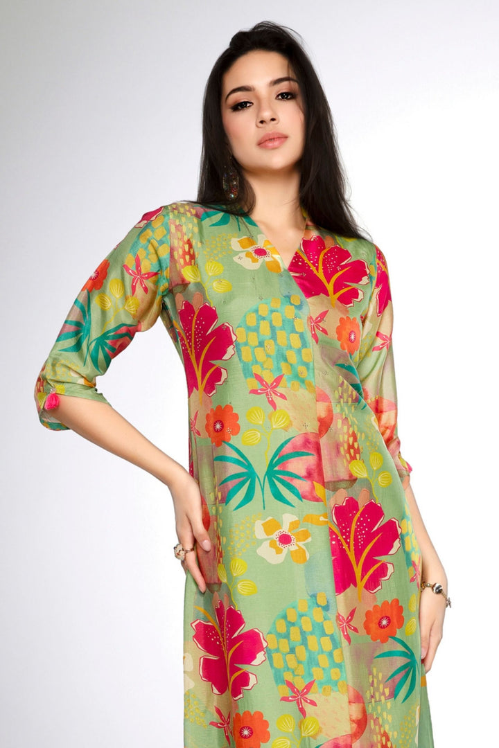 Pista Green Stone work with Multicolor Digital Print Calf Length Kurti