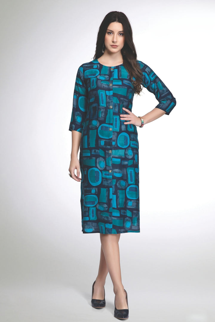 Navy Blue with Multicolor Digital Print Calf Length Kurti
