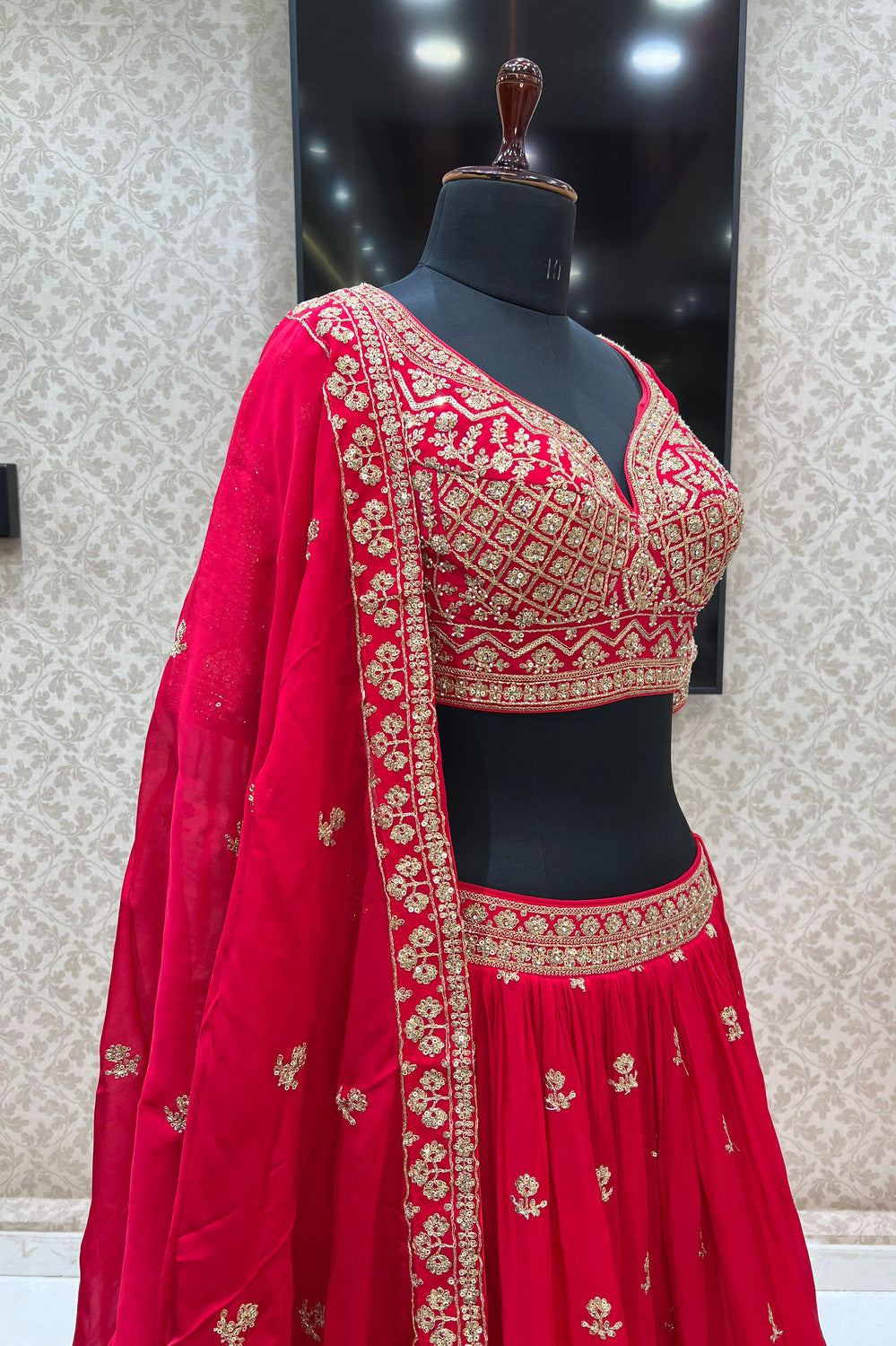 Red Sequins, Zari, Pearl and Beads work Crop Top Lehenga