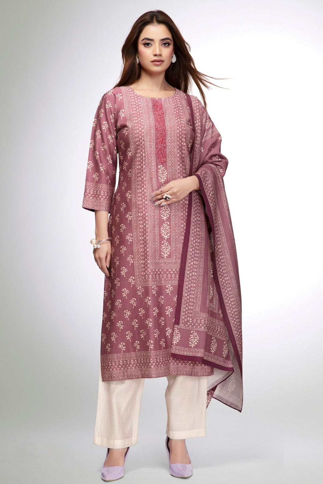 Onion Pink with Cream Digital Print Straight Kurta Set