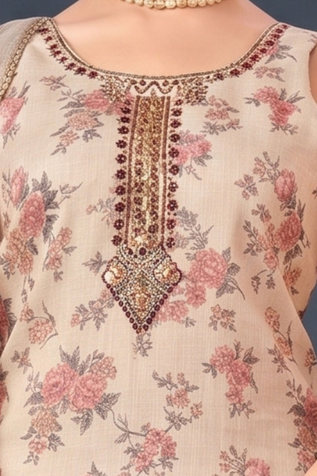 Beige Beads, Mirror and Zardozi work with Floral Print Straight Cut Salwar Suit