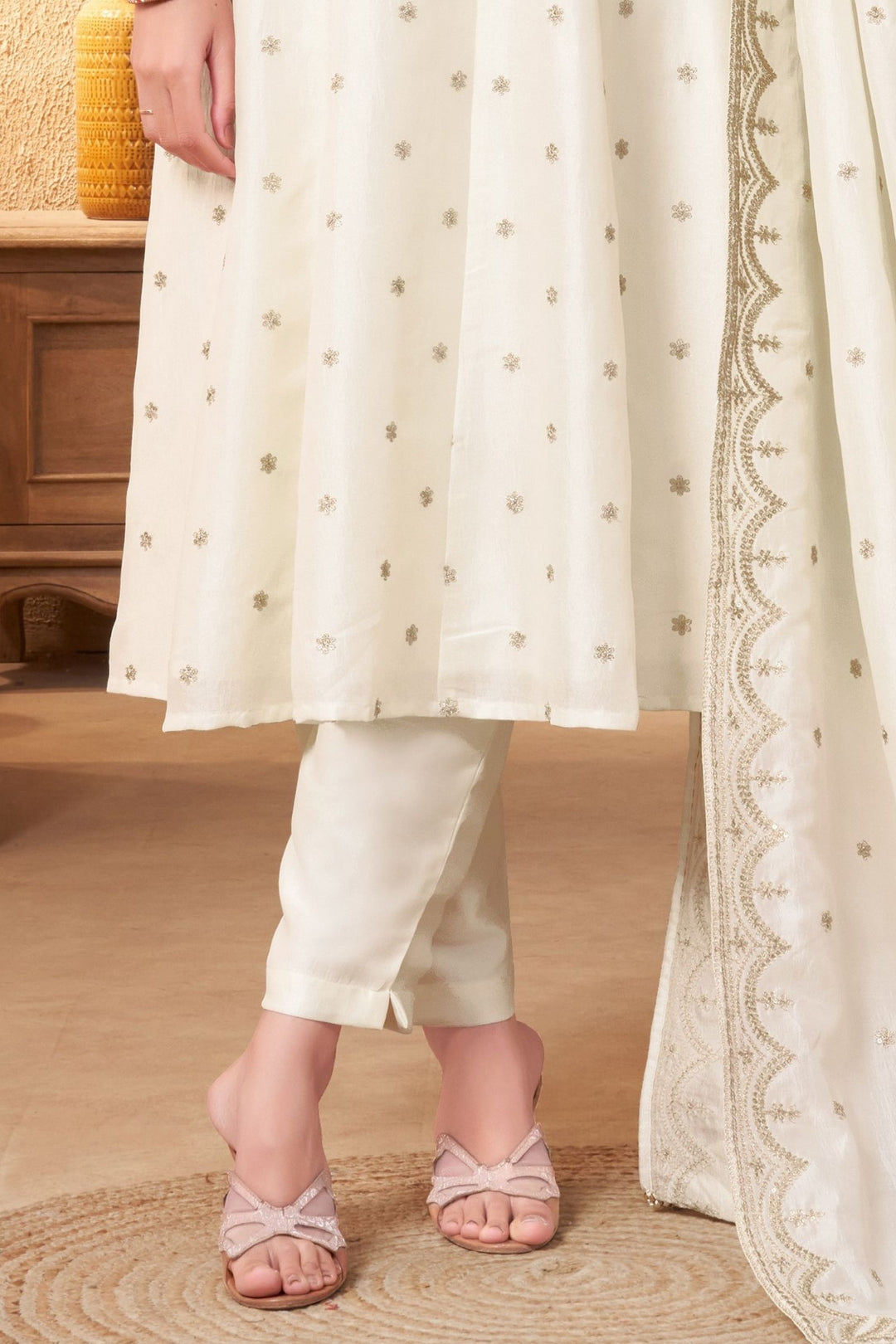 Cream Zari, Zardozi, Sequins and Stone work A-line Cut Salwar Suit