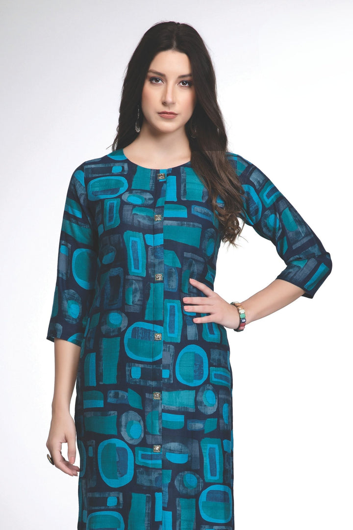 Navy Blue with Multicolor Digital Print Calf Length Kurti