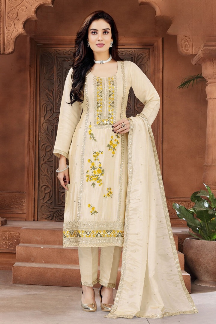 Beige Sequins, Zari and Embroidery work Straight Cut Salwar Suit