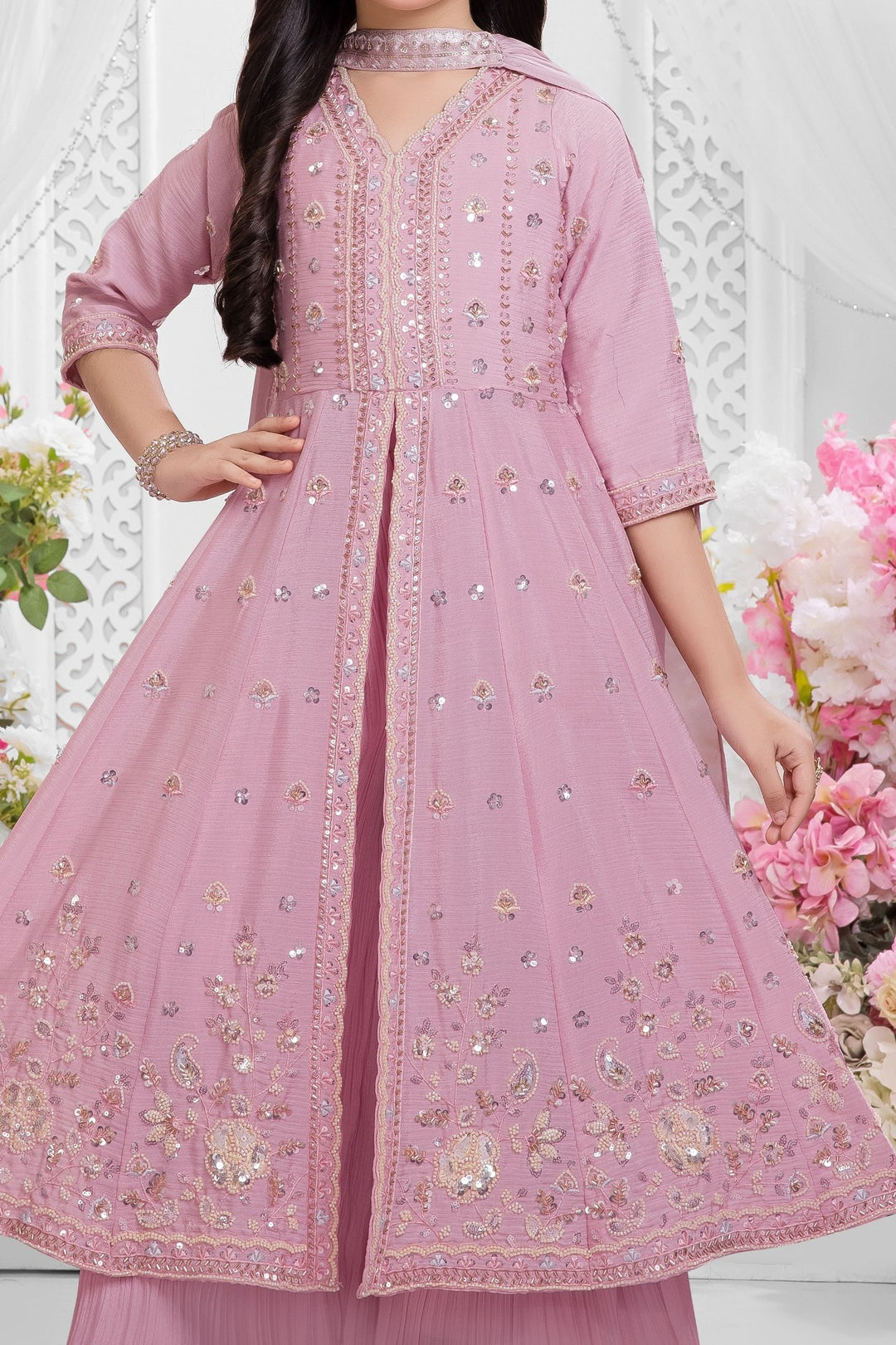 Light Pink Beads, Zari and Sequins work Palazzo Suit Set for Girls