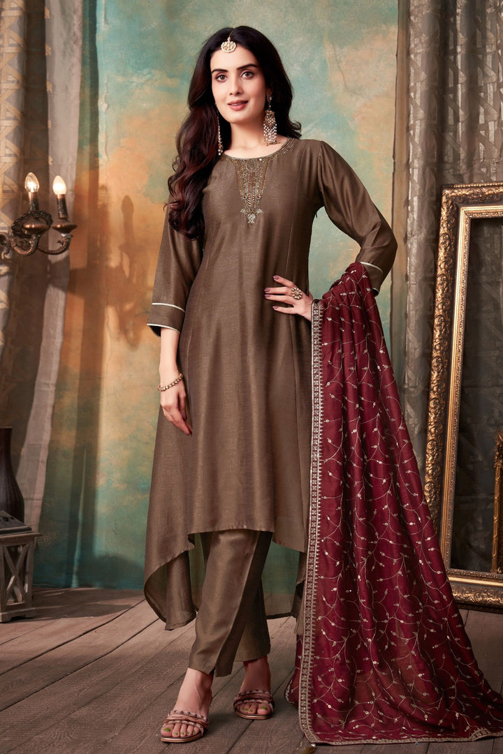 Brown Zardozi, Beads, Mirror and Stone work A-line Cut Anarkali Styled Salwar Suit