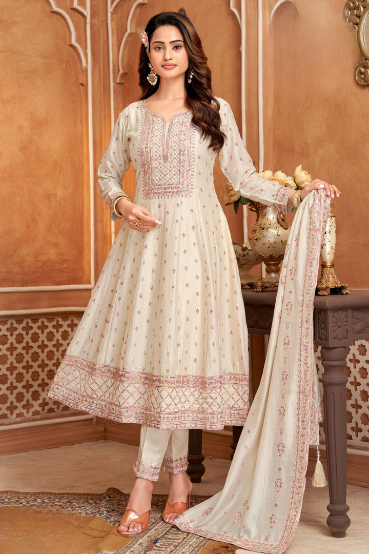 Beige Multicolor Thread and Sequins work Anarkali Style Salwar
