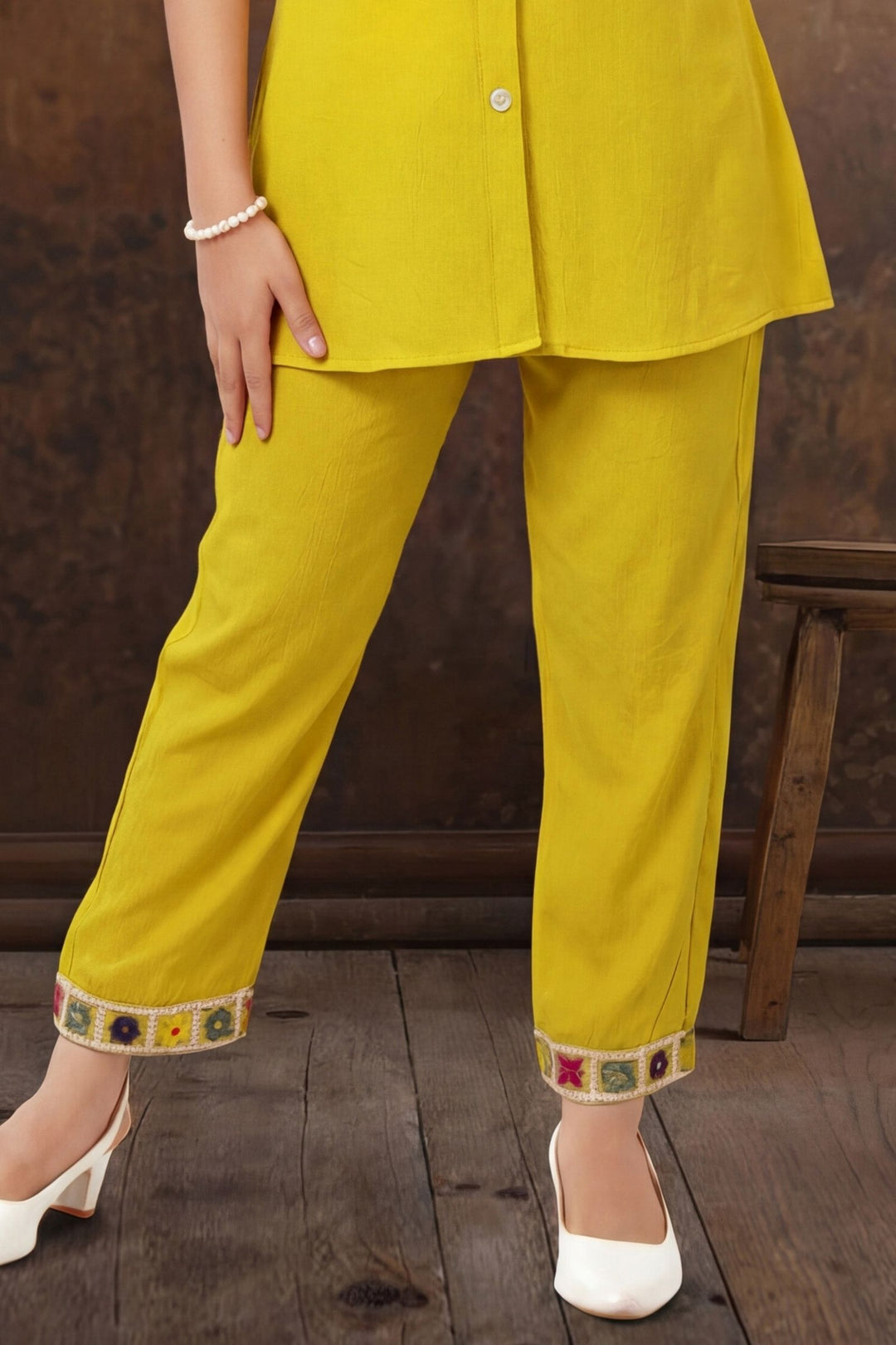 Yellow Multicolor Embroidery and Sequins work Co-ord Set for Girls