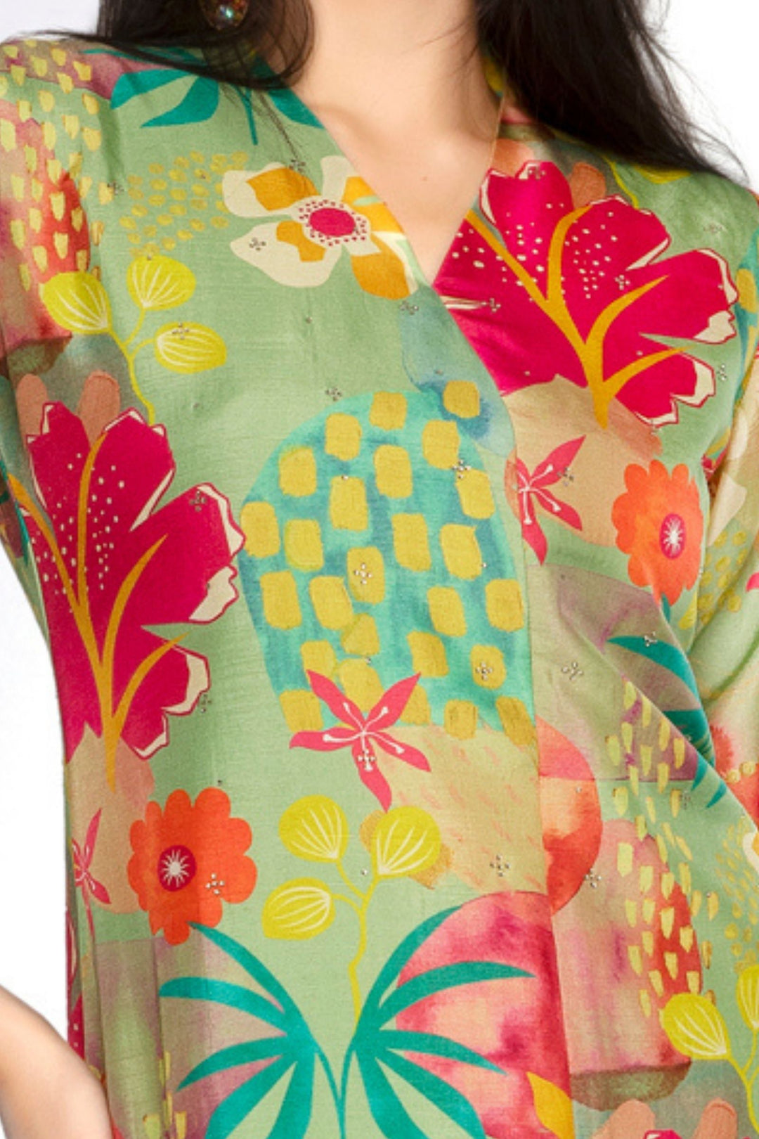 Pista Green Stone work with Multicolor Digital Print Calf Length Kurti