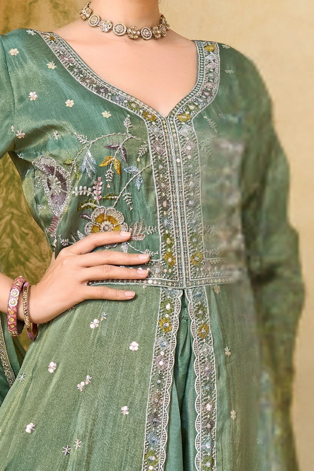 Sea Green Multicolor Embroidery, Sequins and Beads work Mastani Styled Palazzo Suit