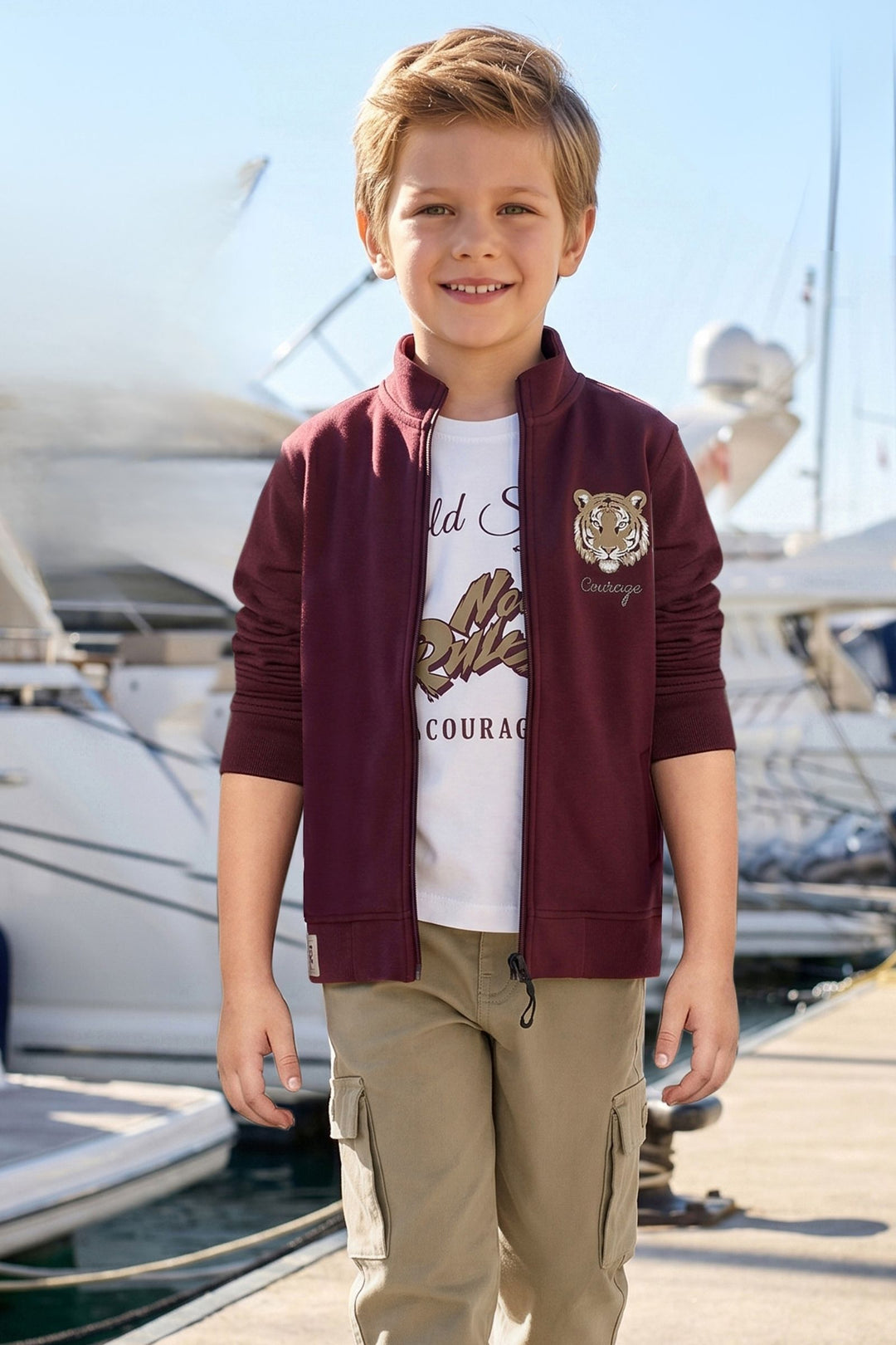Maroon Blazer, Printed T-Shirt and Khaki Pant Set for Boys