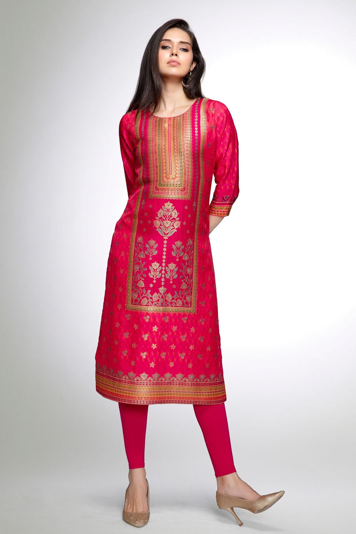 Rani Pink Banaras work Calf Length Kurti