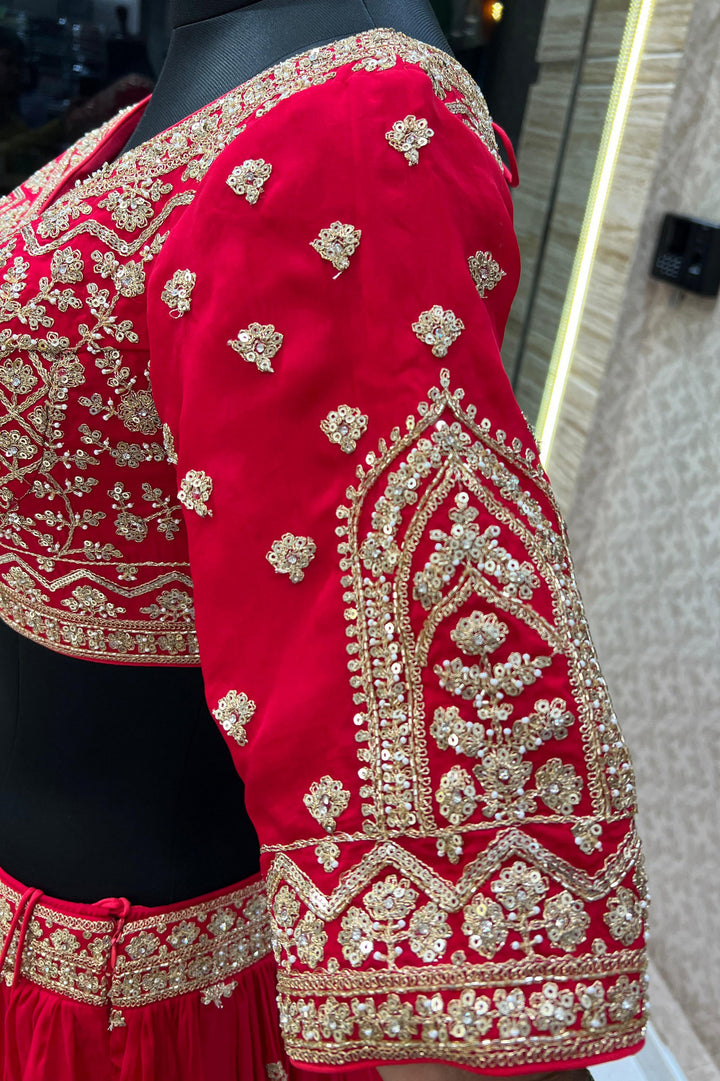 Red Sequins, Zari, Pearl and Beads work Crop Top Lehenga