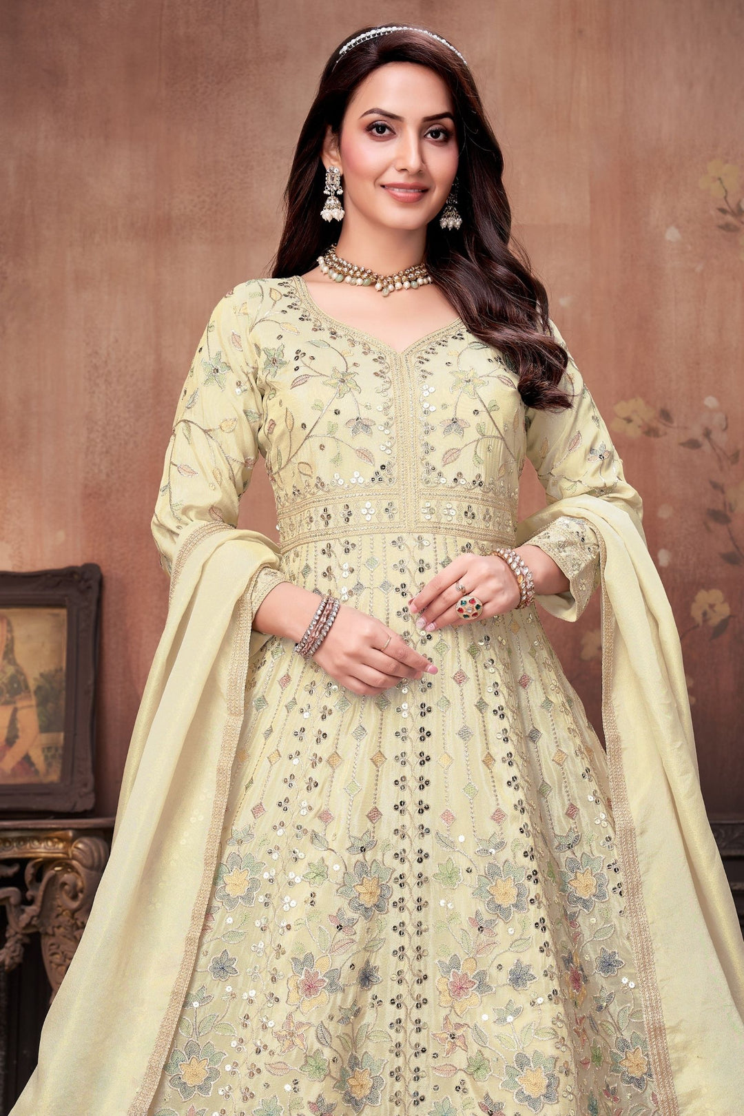 Cream Sequins, Zari and Multicolor Thread work Floor Length Anarkali Suit