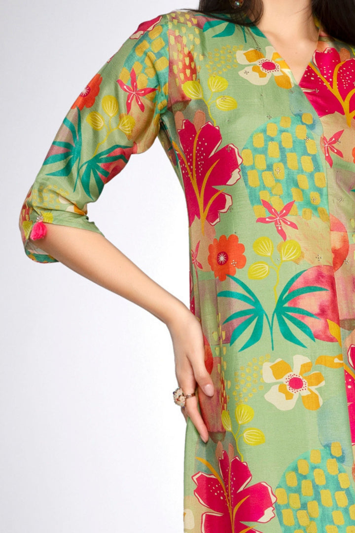 Pista Green Stone work with Multicolor Digital Print Calf Length Kurti