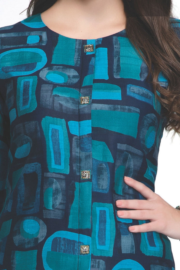 Navy Blue with Multicolor Digital Print Calf Length Kurti