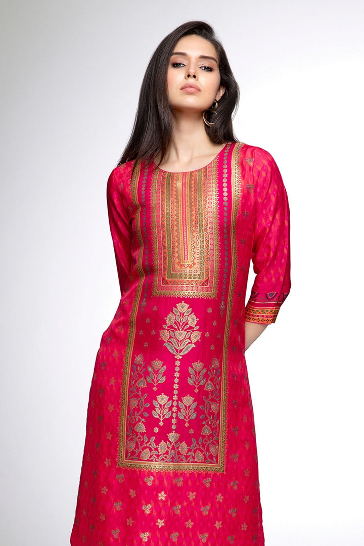 Rani Pink Banaras work Calf Length Kurti