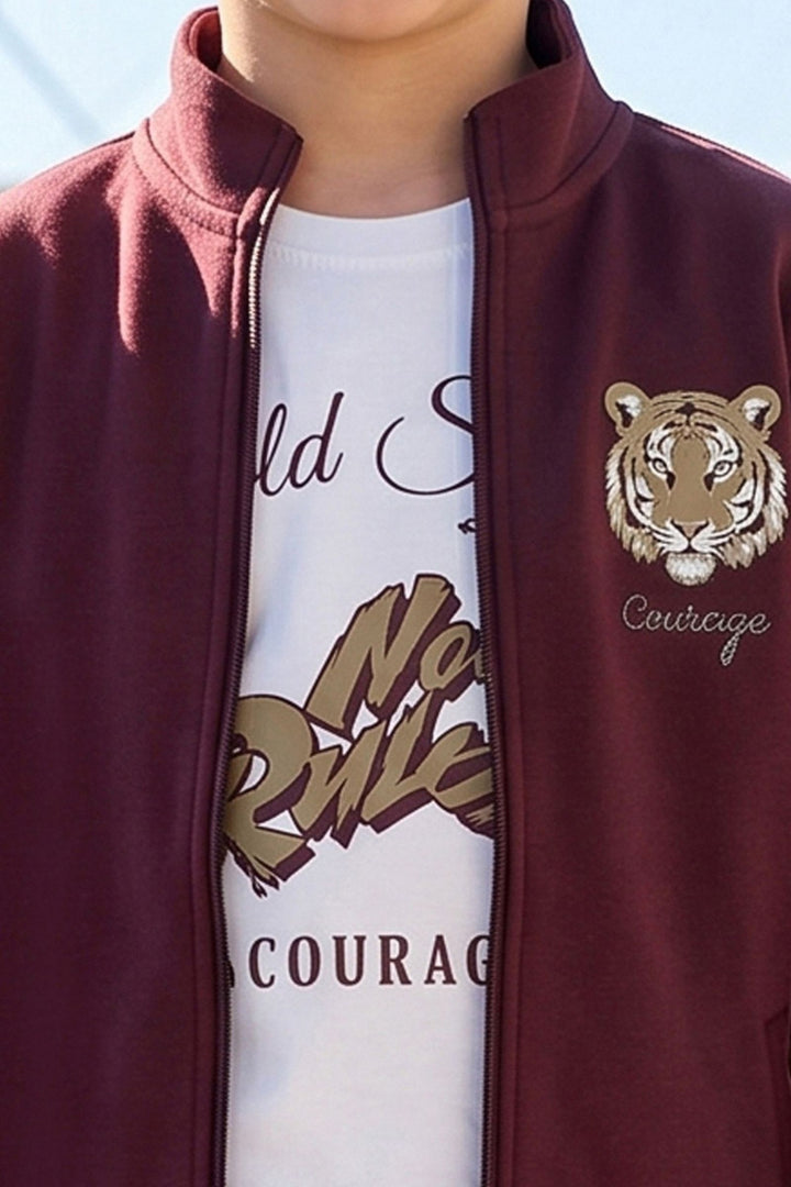 Maroon Blazer, Printed T-Shirt and Khaki Pant Set for Boys
