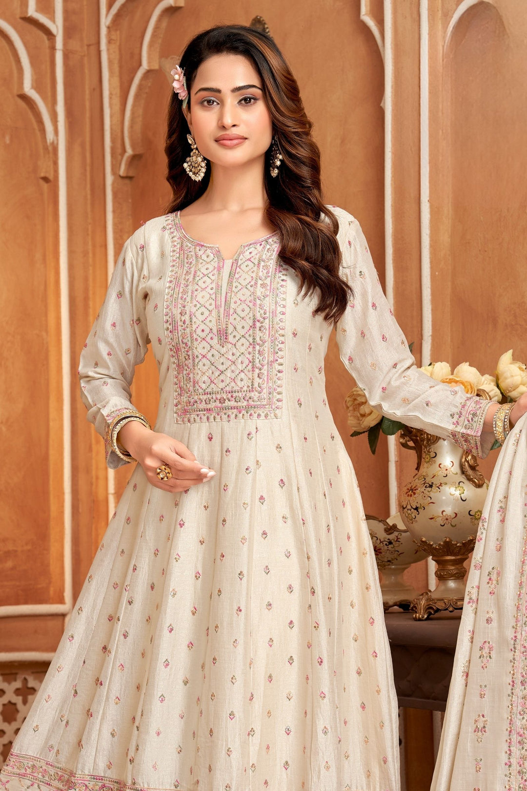 Beige Multicolor Thread and Sequins work Anarkali Style Salwar