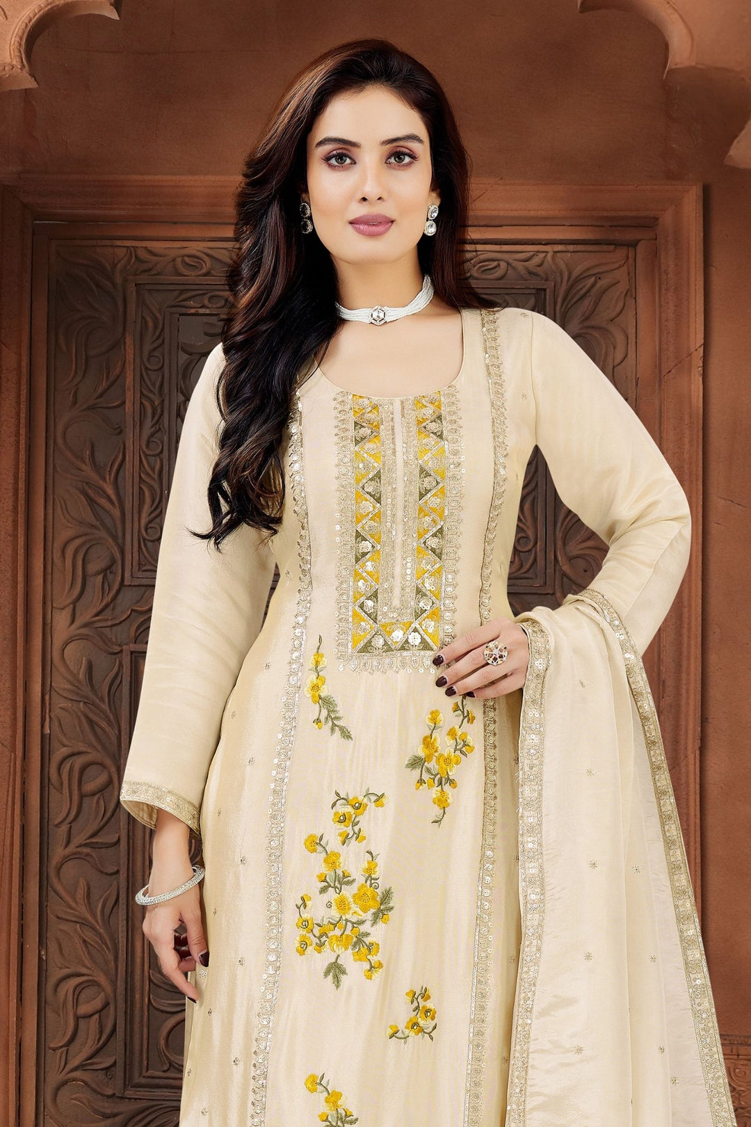 Beige Sequins, Zari and Embroidery work Straight Cut Salwar Suit