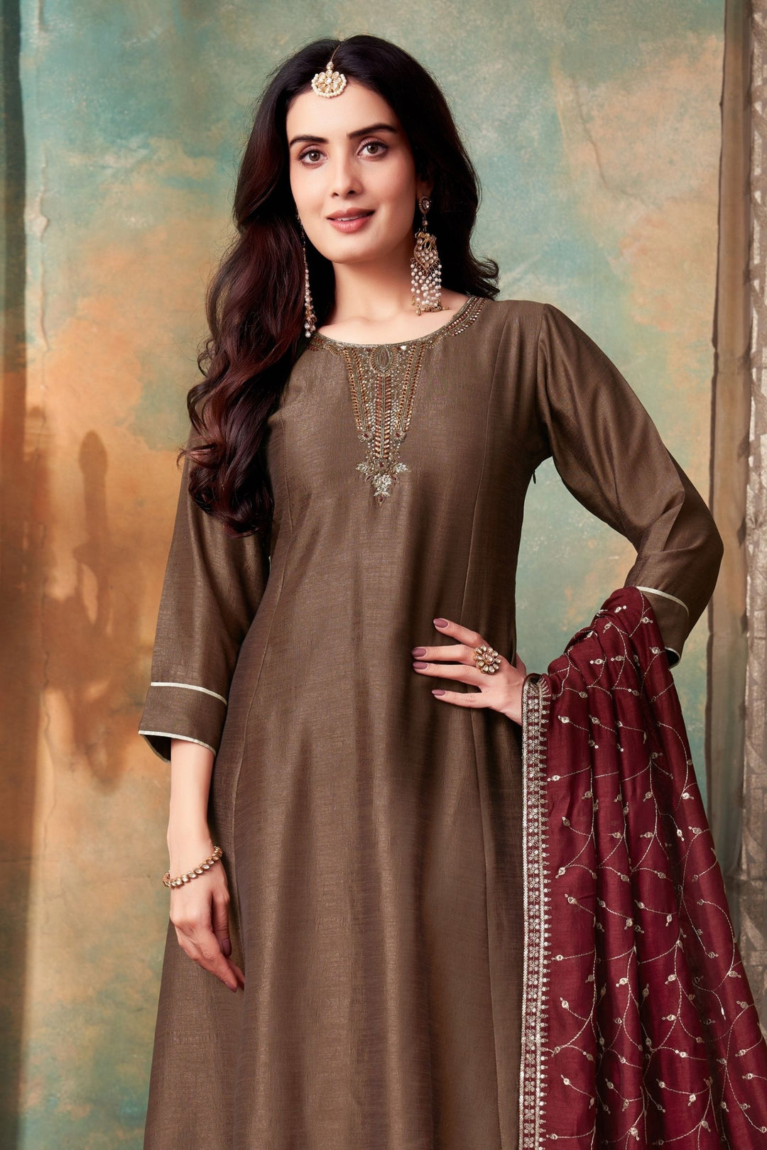 Brown Zardozi, Beads, Mirror and Stone work A-line Cut Anarkali Styled Salwar Suit