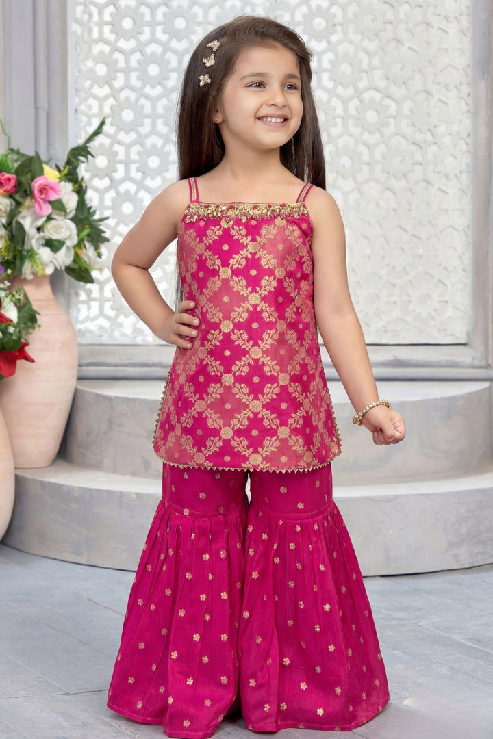 Rani Pink Banaras Zari, Mirror and Beads work Sharara Suit Set for Girls