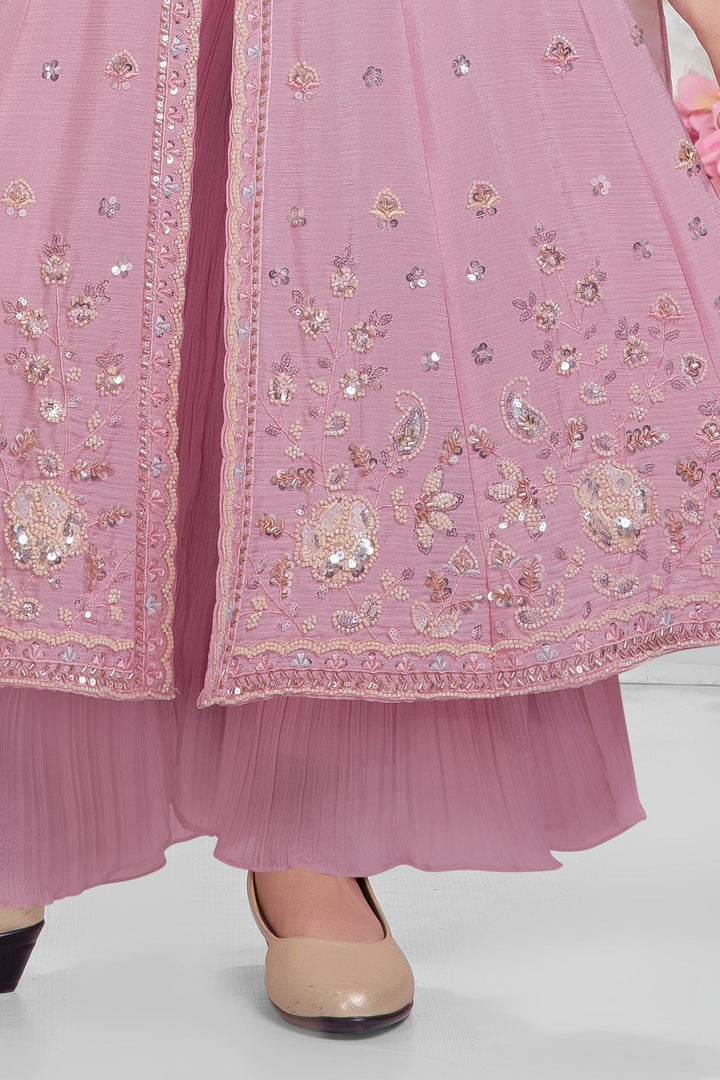 Light Pink Beads, Zari and Sequins work Palazzo Suit Set for Girls