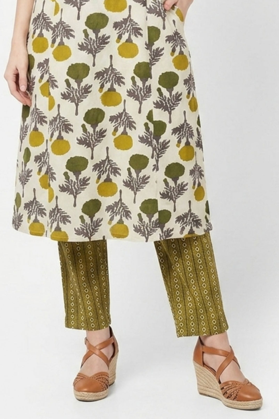 Beige with Mehendi Green Digital Print Straight Kurta Set
