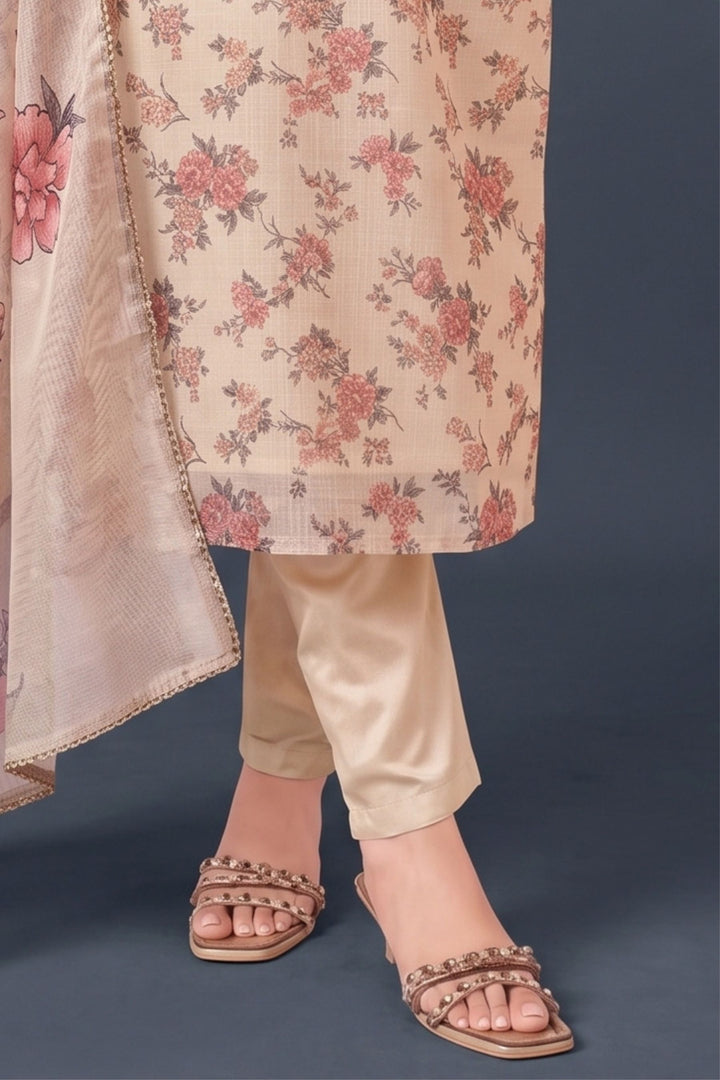 Beige Beads, Mirror and Zardozi work with Floral Print Straight Cut Salwar Suit
