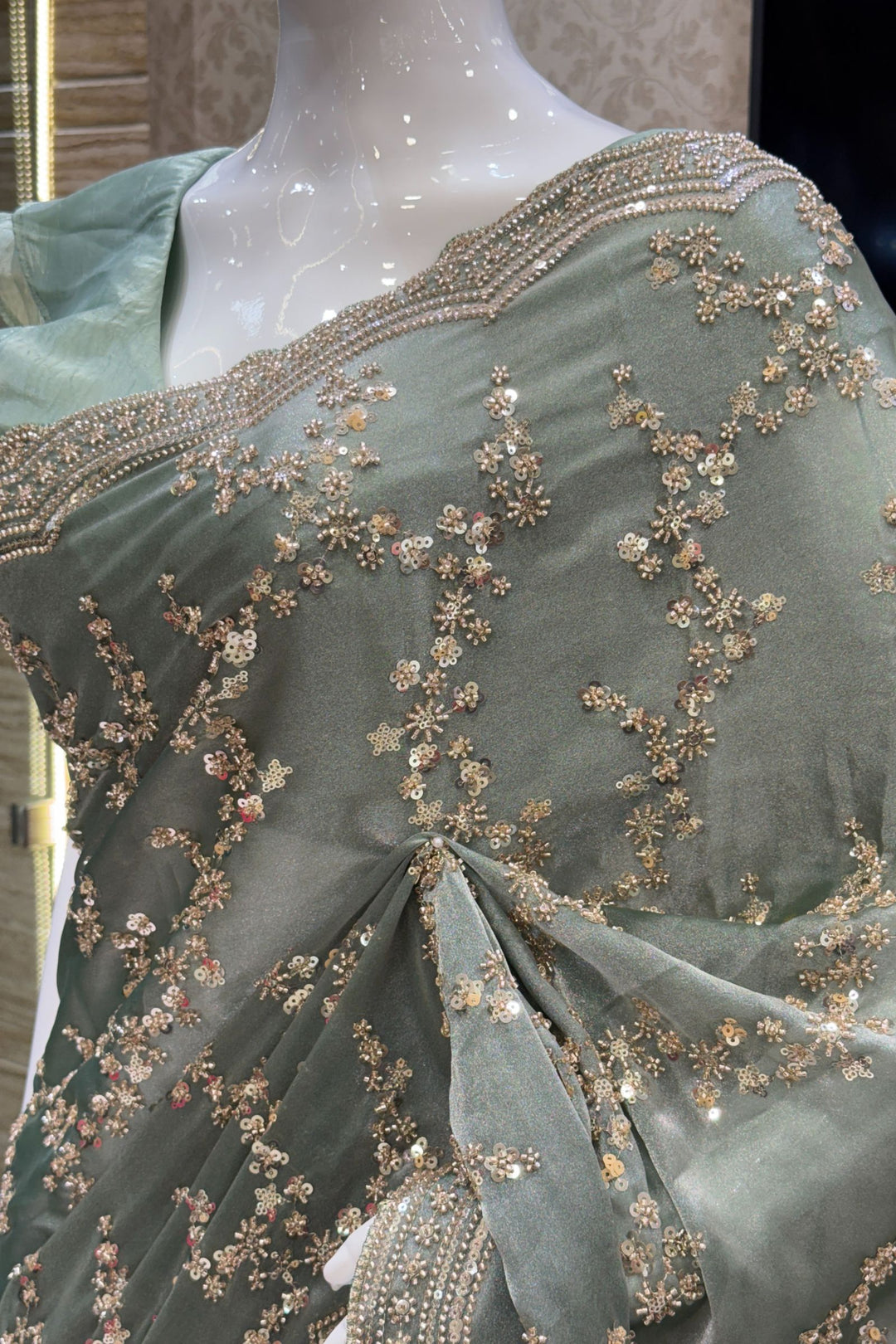 Sea Green Beads, Zari and Sequins work Saree