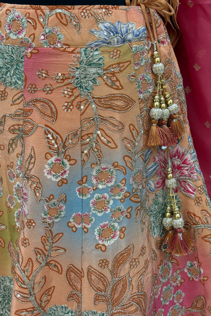 Peach Mirror, Beads, Zari and Sequins work with Floral Print Crop Top Lehenga