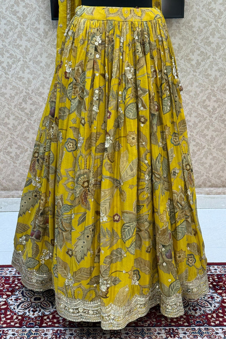 Olive Green Sequins, Stone, Beads, Zari and Zardozi work with Digital Print Crop Top Lehenga