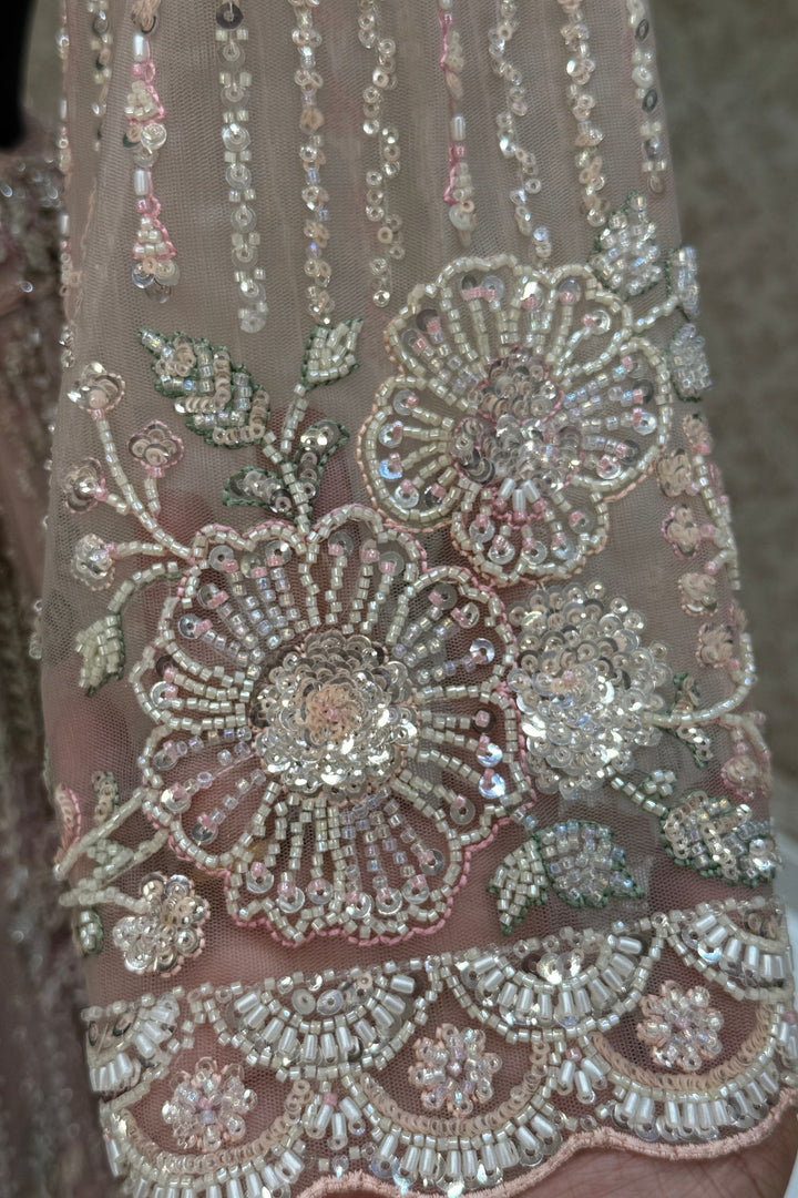 Baby Pink Sequins, Beads and Zari Thread work Crop Top Designer Bridal Lehenga