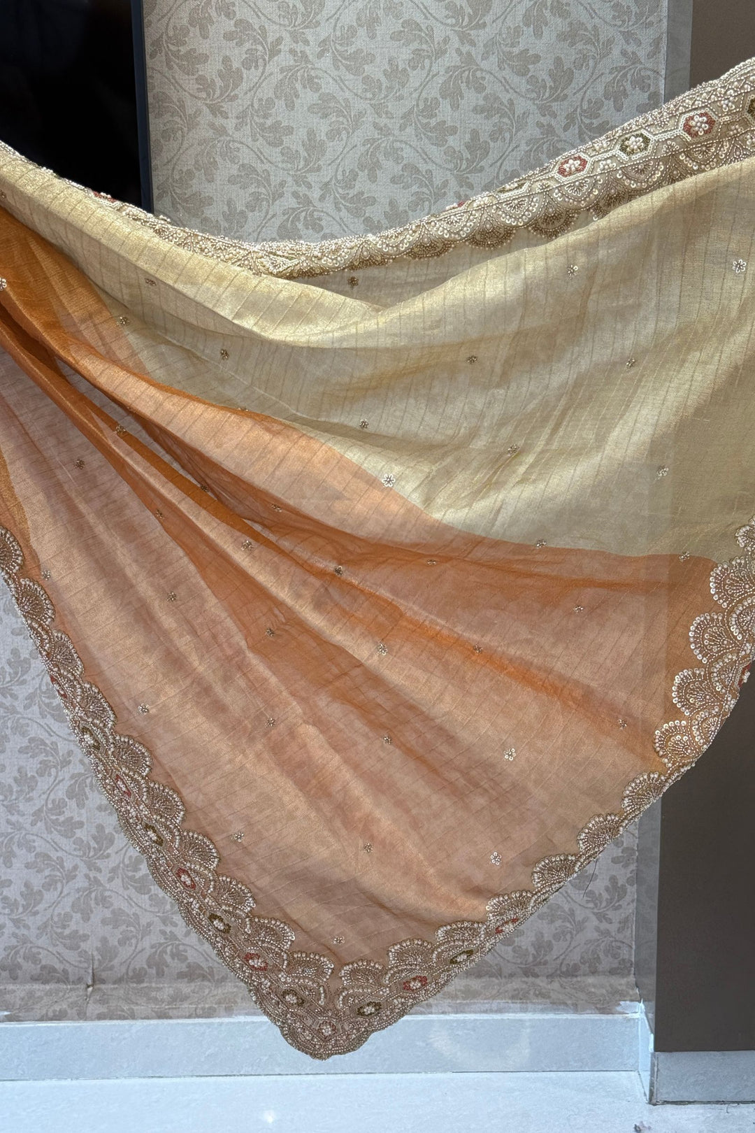 Copper Gold Beads, Sequins and Pearl work Saree