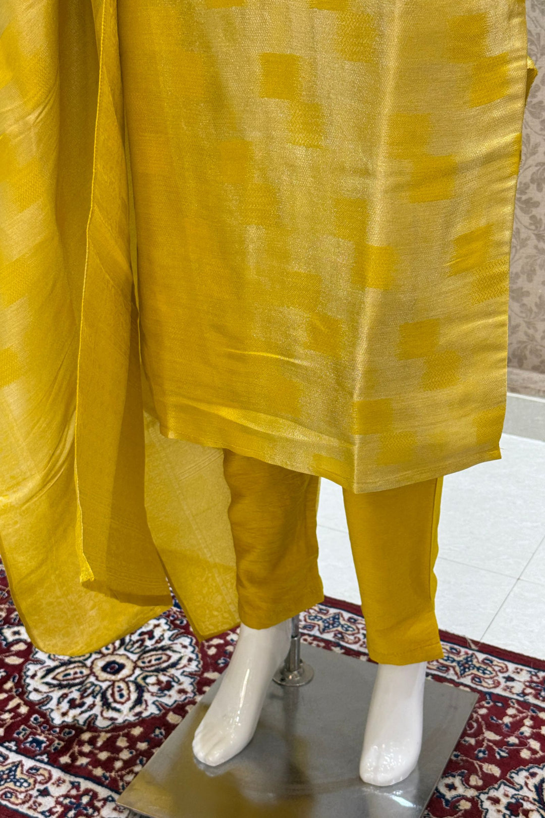 Yellow Banaras, Stone, Thread, Zardozi and Sequins work Straight Cut Salwar Suit