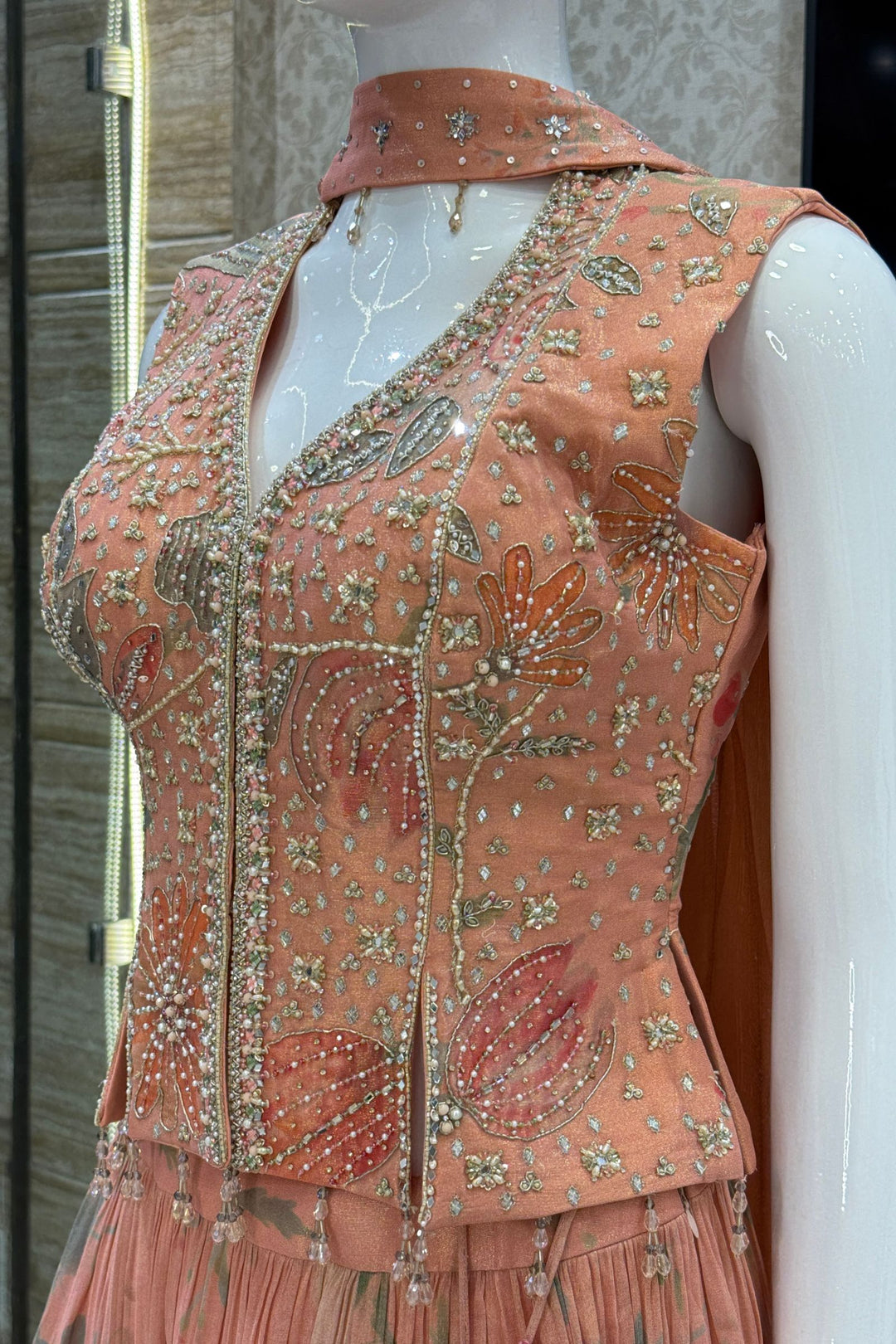 Peach Beads, Mirror and Zardozi work with Digital Print Peplum Style Lehenga