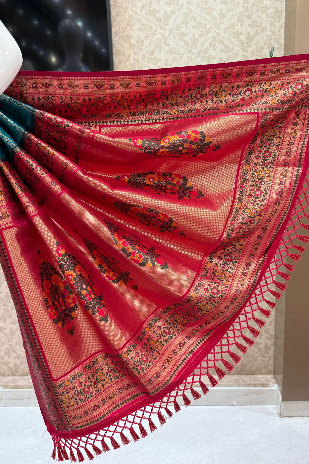 Rama Blue with Rani Pink Banaras work Saree