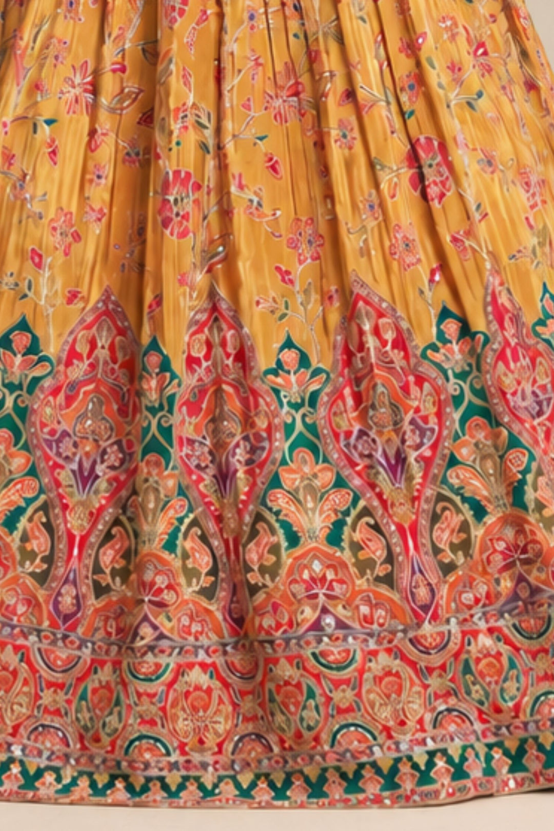 Mustard Stone, Mirror and Zari work with Floral Print Halter Neck Lehenga Set