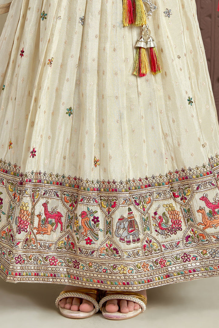 Cream Multicolor Thread, Stone, Zari and Sequins work Lehenga Choli for Girls