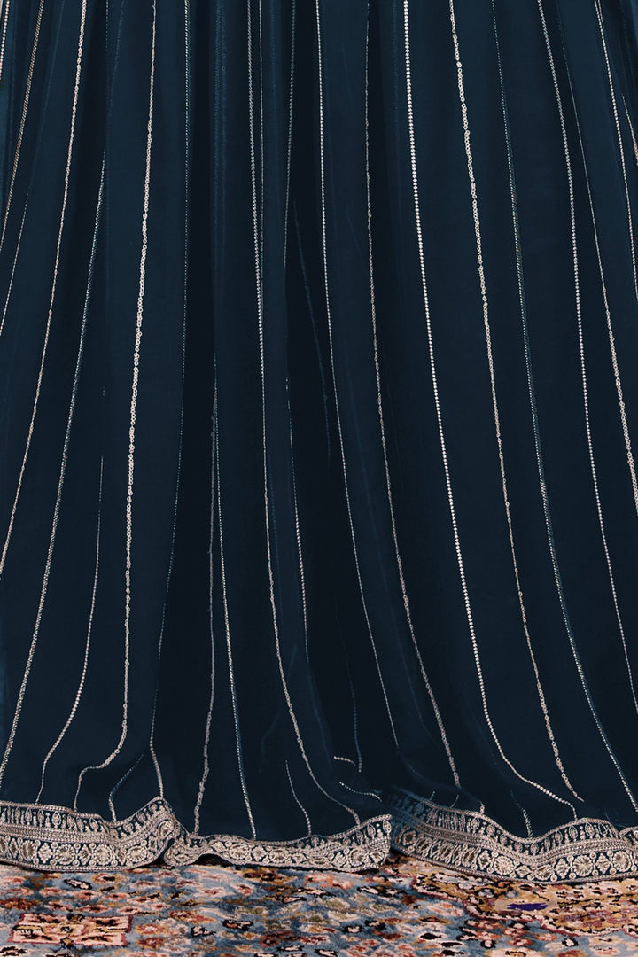 Dark Blue Sequins, Thread and Beads work Kaftan Styled Palazzo Set For Girls