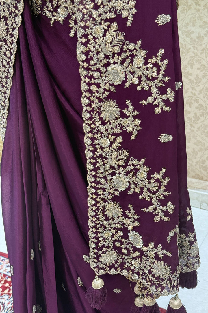 Purple Zari and Sequins work Saree
