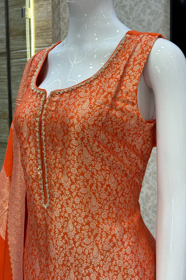 Orange Zardozi, Stone, Thread and Brocade work Straight Cut Salwar Suit