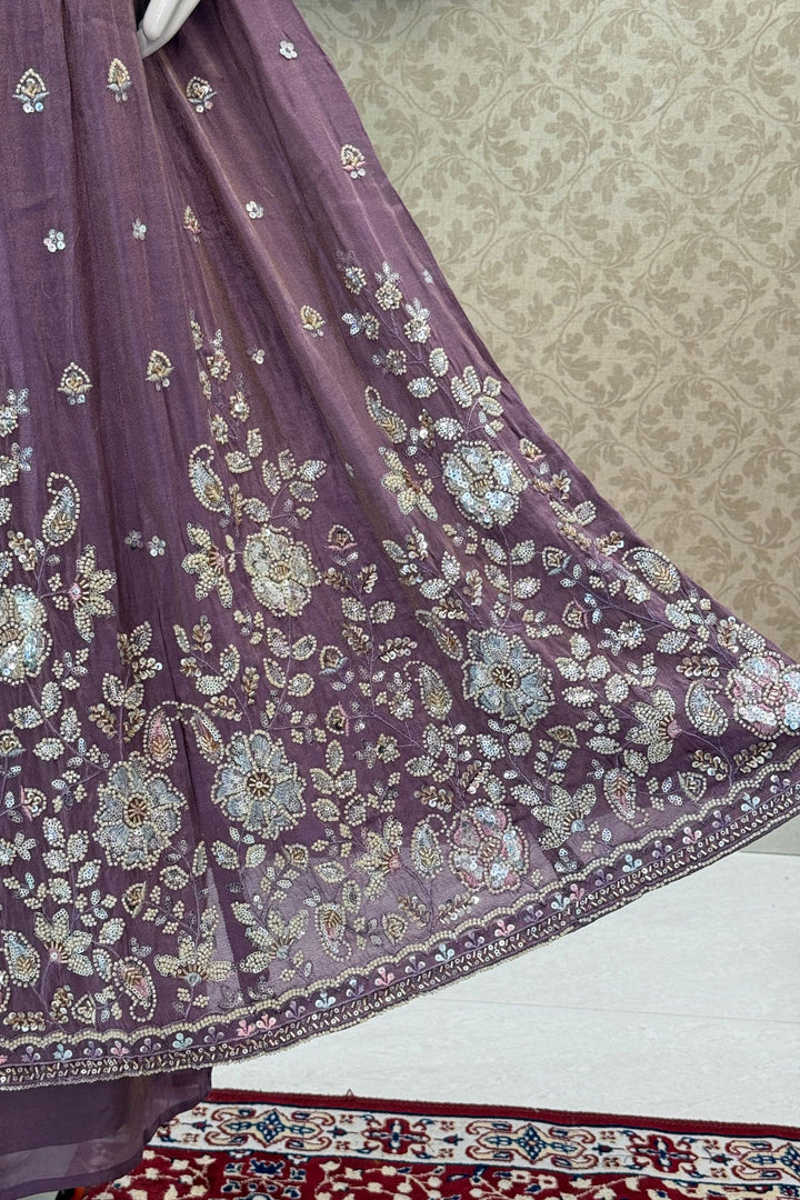 Lilac Beads, Sequins and Thread work Long Top with Straight Pant