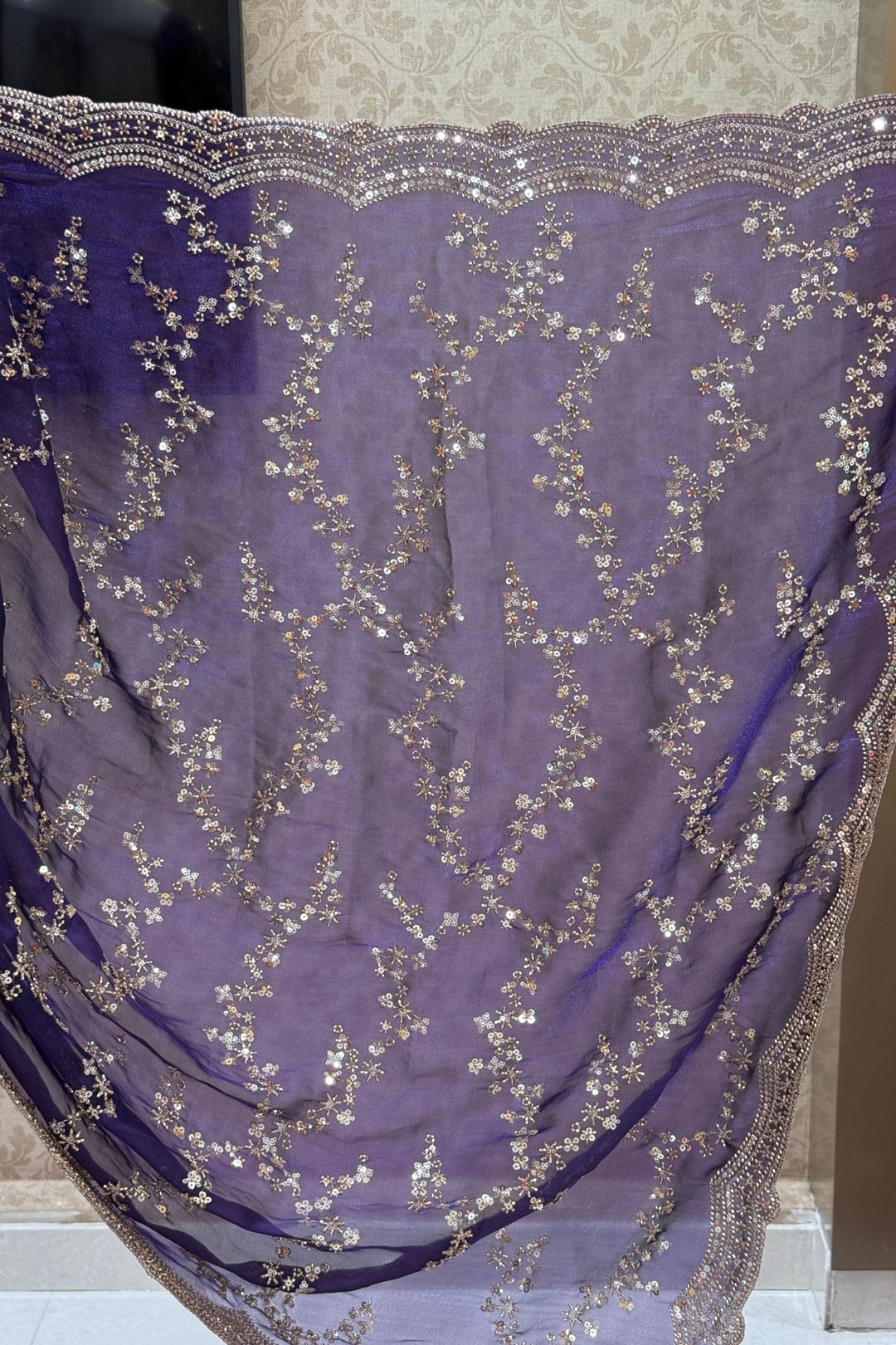 Purple Saree with Intricate Zari, Sequin and Beads work