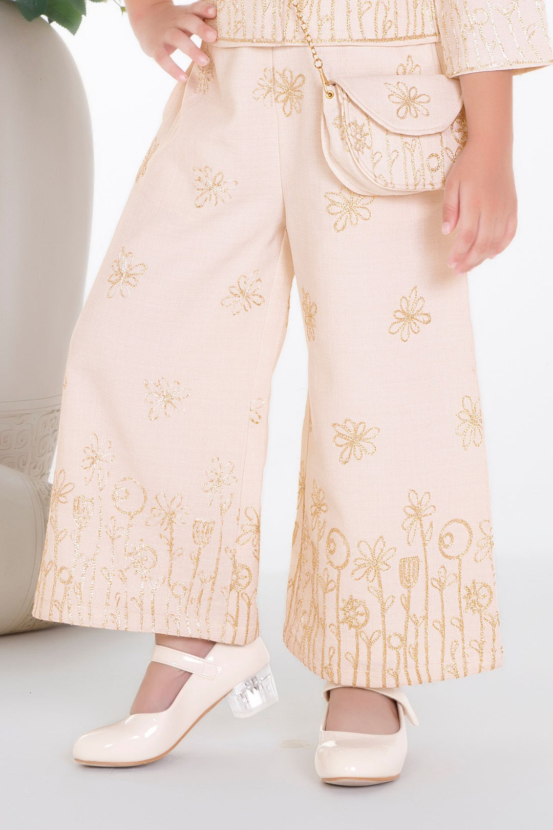 Cream Zari Thread work Co-ord Set for Girls with Bag