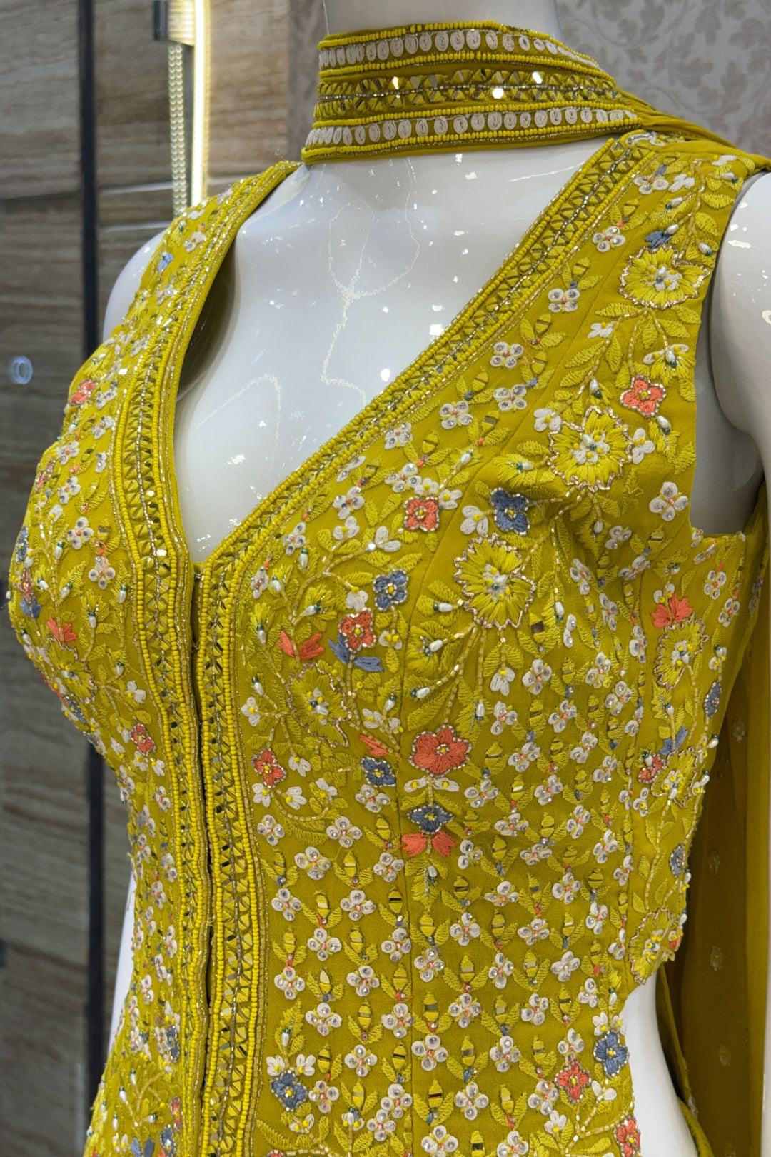 Liril Green Beads, Zari, Sequins, Stone and Embroidery work High Slit Palazzo Set