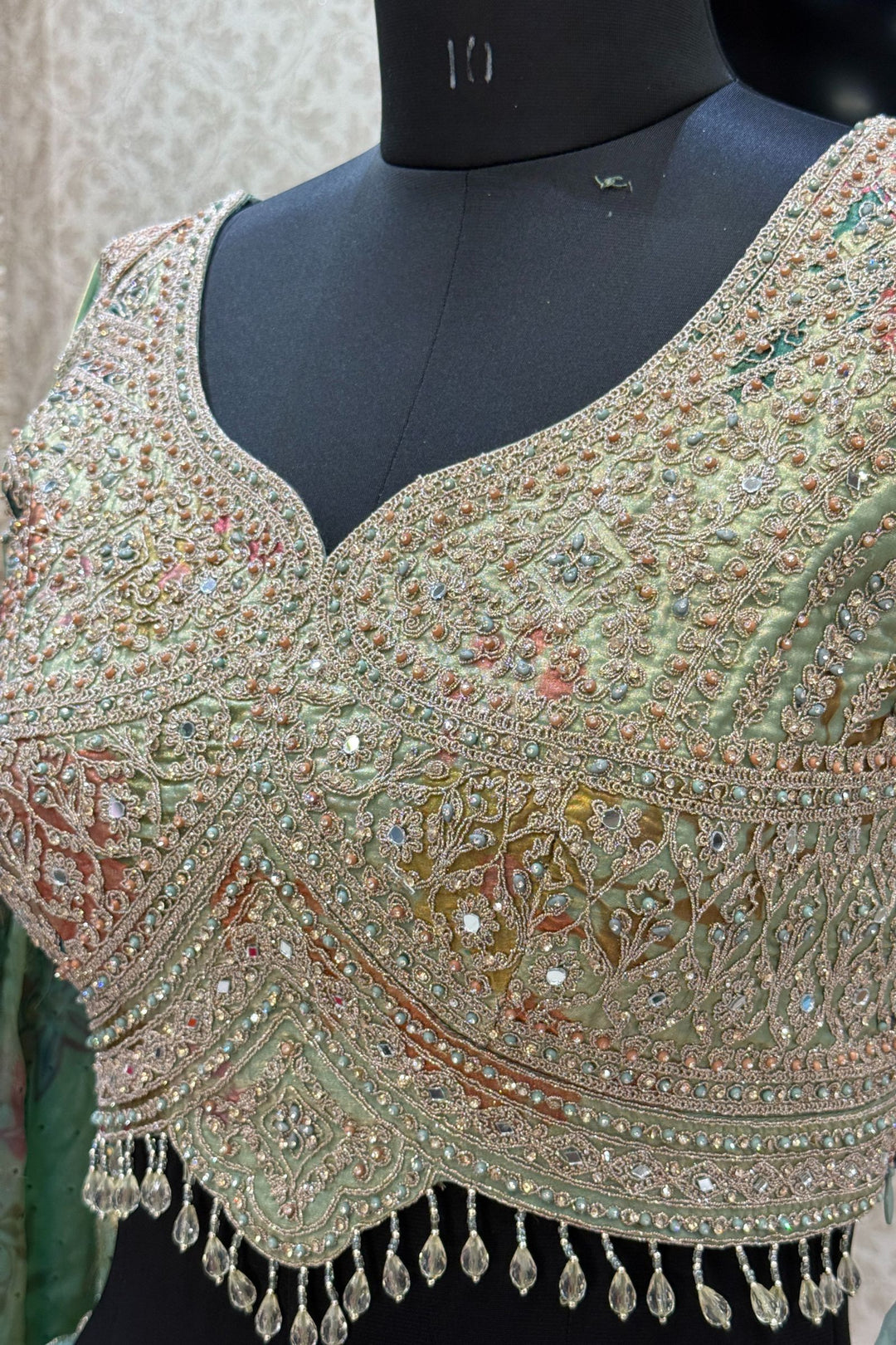 Pista Green Beads, Stone, Mirror and Zari Thread work with Floral Print Crop Top Lehenga