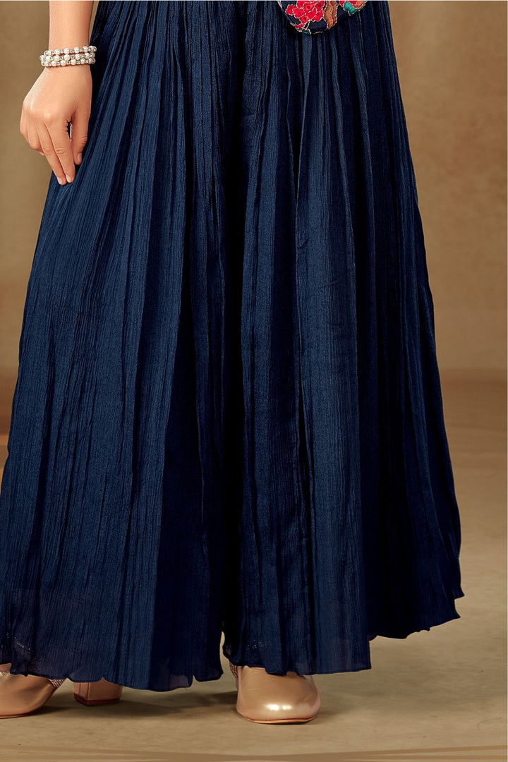 Navy Blue Zari work with Floral Print Poncho Styled Palazzo Suit Set for Girls