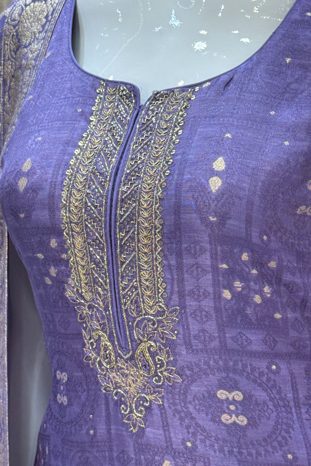 Lavender Beads, Sequins, Zardozi, Stone, Banaras and Jacquard work Straight Cut Salwar Suit